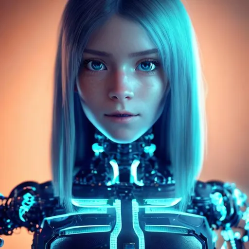 Prompt: ALEXA AS A LIVING COMPUTER IN A CYBORG BODY IN A MINIMALISTIC ASETHETIC OUTFIT LONG RED HAIR IN PONYTAIL BLUE CLEAR SKIN BLUE EYES 