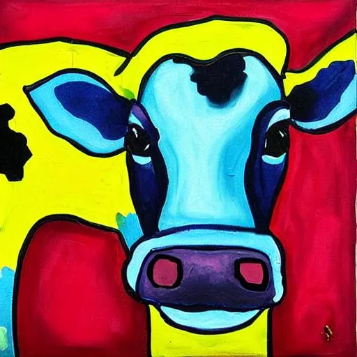 Prompt: A bright, vibrant, dynamic, spirited, vivid painting of a dairy cow with a tortoise pattern. 