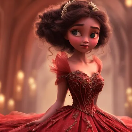 Prompt: Red cindrella gown wearing by a beautiful girl, detailed face features, glowy skin, 8K, animated