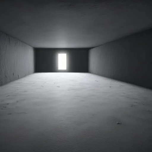 Prompt: A pinch black dark room that is completely devoid of light, with no windows, no doors, not even any furniture except for a single small table in the center of the room