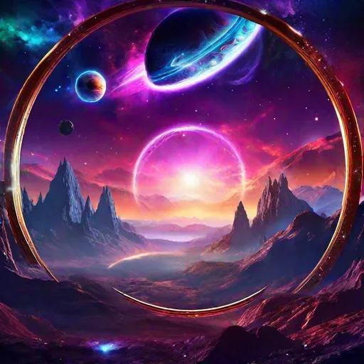 Prompt: fantasy space art, view of moutains with planets setting in the horizon, time portal opening in the sky with cosmic elements for the background, highly detailed, 8k