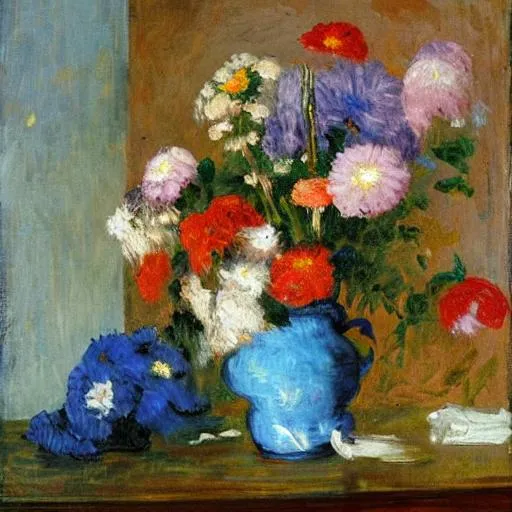Prompt: French impressionist lazy susan flowers in a blue vase on a table