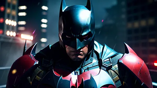Prompt: Batman, black and red, arkham Knight, 8K, ultra detailed, HDR, bloom, masterpiece, ray tracing, cinematic