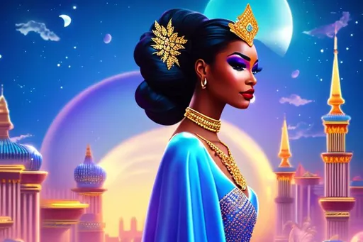 Prompt: head-on, surreal cartoon, high fashionista pose, glossy, walking toward viewer, stunning Nubian dancer, she is dressed like a summer queen, dramatic jewelry, statement necklace, background is architecture lit by the moon,  trending on artstation