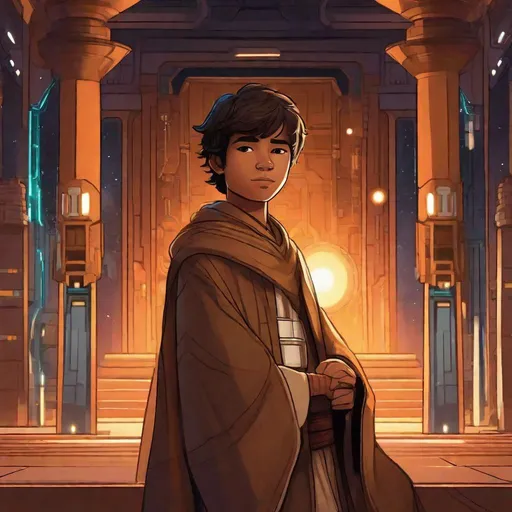 Prompt:  Cute Philippino 16 years old boy in jedi robes. In background a scifi light side temple. Well draw face. Detailed. Star wars art. Rpg art. 2d art. 2d.