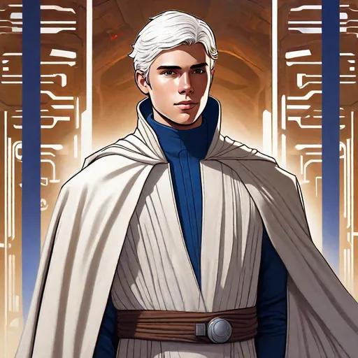 Prompt: 20 year old, young, Detailed art, Handsome young man with short clean white hair, short back hair, well groomed, combed over hair,  dark blue tunic vest, shoulder pad, brown overcoat with flowing robes, high collar, straight lines, neat, minimal, Star Wars character art, detailed textured fabric. Cloth neck gaiter, robes, tight white hair, holster, belt, rich, well dressed, fancy clothes, blaster pistol, pistol, Star Wars 
