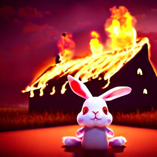 long shot, rabbit setting church on fire, cute, dar...