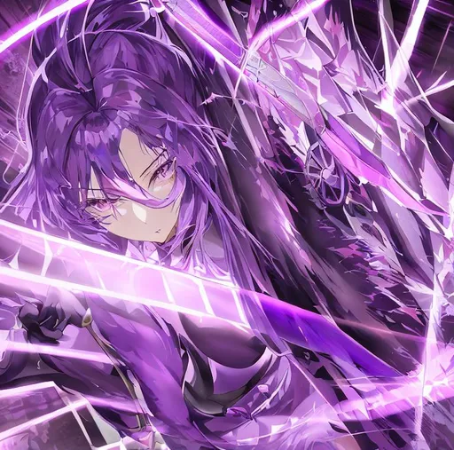 Prompt: Beautiful female, detailed eyes, has a sword emanating lightning, a young anime woman with long purple luxurious hair with a wolfcut haircut, purple eyes, disoriented due to memory loss, wearing a neon purple t-shirt inside of a black coat with chains, not too revealing, wears black leather gloves, an amethyst hairclip in her hair, fantasy, clear sparkling orange glowing eyes, orange eyes, intricately detailed face, intricate, highly-detailed, ultrarealistic face, large landscape, mechanics, dramatic lighting, gorgeous face, lifelike, stunning, digital painting, large, artstation, illustration, concept art, smooth, sharp focus, highly detailed painting, looking and smiling at viewer, full body, photography, detailed skin, realistic, photo-realistic, 8k, highly detailed, full length frame, High detail