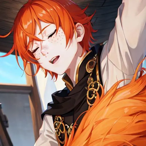 Prompt: Erikku male adult (short ginger hair, freckles, eyes closed) UHD, 8K, Highly detailed, insane detail, best quality, high quality,  anime style, 