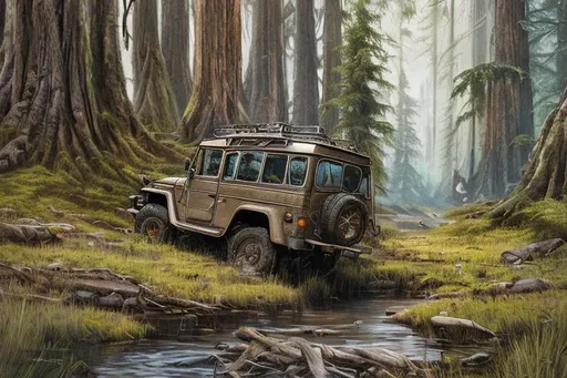 Prompt: A painting of old growth Ancient forest in Montana grassland adventure in an old 1974 land cruiser crossing a creek in the middle of frame
