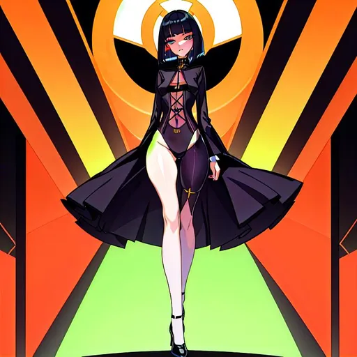 Prompt: a lonely AI girl, very tall, thick thighs, wide hips, huge glutes, long legs, slender arms, slender waist, big beautiful symmetrical eyes, intriguingly beautiful face, aloof expression, bob haircut with bangs, wearing Acid Neo-GothPop fashion clothes, high fashion, photorealistic, 12K resolution, hyper quality, hyper-detailed, hyper-realistic, 12K resolution, realistic lighting, realistic shadows, realistic reflections, realistic textures, hyper-professional