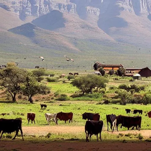 Prompt: Rural village in south Africa with cattle with mountains and african herd boy