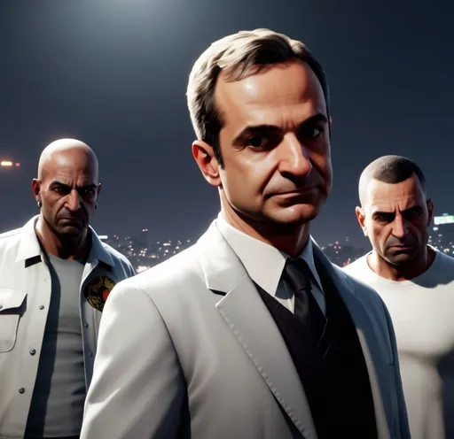 Prompt: GTA 5 style, Kyriakos Mitsotakis  as a gangster, wearing White  attire, gang members with him , 4K, Realistic, Ultra Detailed, dim night, infront of his empire, looking hard