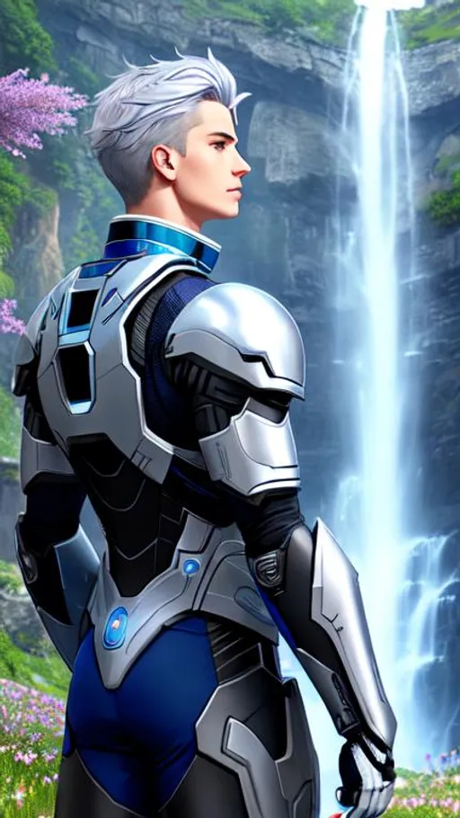 Prompt: Young male cyborg,blue eyes, silver hair, UHD, 8k, side view, muscular body, very real, Very detailed, panned out, 32k, his face is visible, waterfall in flower meadow background