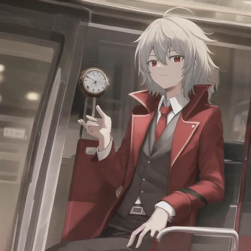 Prompt: Limbus_company, clock_head, bus, sit, dark,head_is_clock,clock_man, red_coat, red_clock_watch, clock_watch_head, red_necktie, dante, head is clock, clock head 