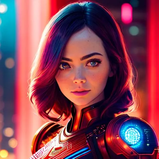 Prompt: CREEPY Android Woman ((Emma Stone)) , Gal Gadot ,DEAD  Eyes, Glow in Hair, intricately flowing hair, Cute Cyborg RED/BLUE GLOWING  Body, Intricate  RED metal lace body armor, 50mm (((face close-up))), Cyberpunk garden in the background, cinematic Shot, intricate details, Cinematic lighting, Soft light,  ((( ornamental artwork by Tooth wu and Beeple))) , insane details, photorealistic 