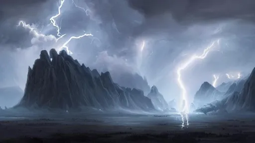 Prompt: fantasy concept art by greg rutkowski of a large monolithic MOUNTAIN SPLIT IN TWO BY LIGHTNING, hooded figure in the foreground looks out over a swampy landscape, ominous sky, dense lightning, fog, exegol, rock outcroppings, gestural oil painting style, backlit, cinematographic morning light, artstation hq,