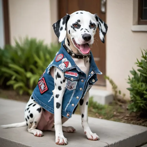 Prompt: Dalmatian dog wearing a heavy metal music denim vest with patches