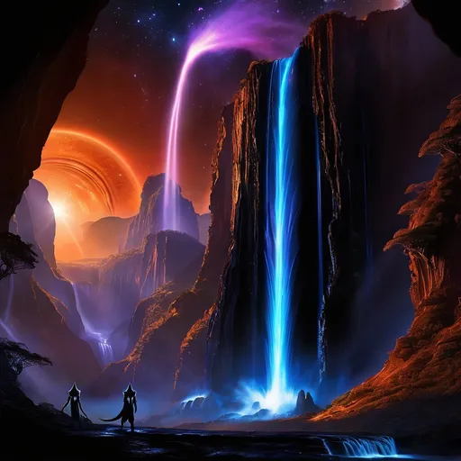 Prompt: An awe-inspiring alien landscape on the planet Vyrathis, centered around a colossal, otherworldly waterfall. The water is a black luminous fluid (liquid light:2.0), flowing powerfully over the cliff’s edge in dynamic, fluid motion. The inky black stream shimmers with faint, iridescent highlights, glowing faintly as it cascades downward (hypnotic luminescence, glowing currents:1.9). Twisting eddies and spiraling waves form as the liquid crashes into sharp, jagged obsidian rocks below (explosive mist, glowing black froth:1.8). The black liquid reflects the haunting glow of the dark sun (shadowy hues, radiant darkness:1.9), casting intricate patterns of light and shadow across the scene.
The cliffs and banks are adorned with bioluminescent flora (alien plant species, glowing with vibrant dark hues:2.0), emitting radiant colors such as electric blues, neon greens, fiery oranges, and deep purples. These plants glow softly, their light pulsating like a heartbeat, and their translucent leaves and tendrils sway gently, echoing the motion of the waterfall. Some vines and flowers cascade down the cliff face, intertwining with the black, luminous liquid, creating a mesmerizing contrast between glowing colors and shimmering darkness.
The alien fauna are sleek and ethereal, with glowing, bioluminescent patterns etched into their dark forms. Some creatures cautiously drink from the calmer black pools downstream (vivid reflections on liquid light:1.8), while others leap gracefully between glowing rocks or hover on faintly glowing wings (surreal, weightless motion:1.5). Their melodic, echoing calls harmonize with the roar of the waterfall, adding life and mystery to the landscape.
Behind the waterfall, a mysterious cave glows faintly (hidden chamber, radiant depths:1.9), partially obscured by the cascading black fluid. Its light shifts and pulsates like a living thing, hinting at ancient, otherworldly secrets hidden within. The composition is alive with dynamic motion, vivid contrasts of light and shadow, and the surreal beauty of liquid light flowing through an alien world, capturing the majesty, mystery, and scale of Vyrathis.