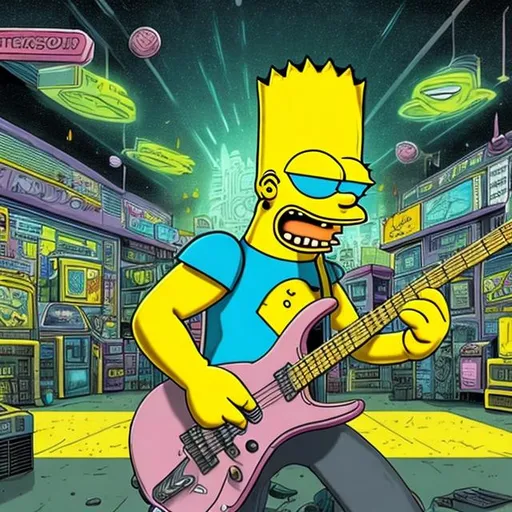 Prompt: Bodybuilding Bart Simpson playing guitar for tips in a busy alien mall, widescreen, infinity vanishing point, galaxy background