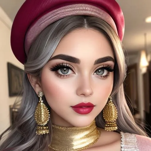 Prompt: big  eyes and carmine lips, silver and golden breaded silk, lips, pink cheeks, wearing a beret