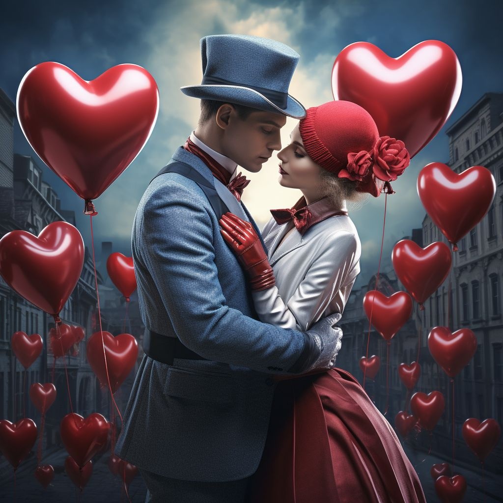 3d model couple holding heart shaped balloons in the city in the style of surrealist portraiture v