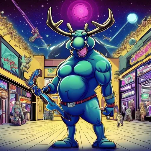 Prompt: Bodybuilding Bullwinkle Moose, playing guitar for tips in a busy alien mall, widescreen, infinity vanishing point, galaxy background