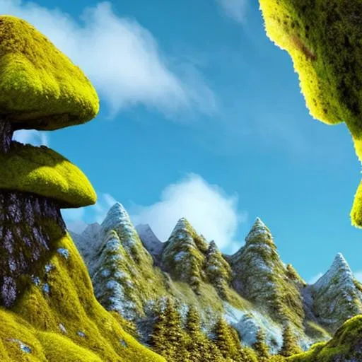 Prompt: A hyper realistic mossy mountain with light yellow and blue skies 