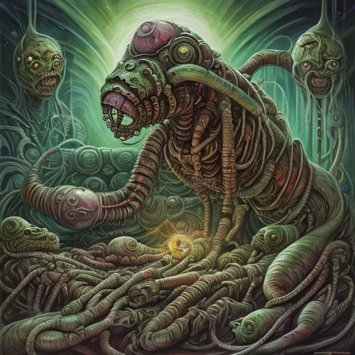 Prompt:  fantasy art style, painting, giving birth, pain, woman, bloated belly, pregnant belly, evil, baby, evil baby, woman giving birth, robotic, green, green lights, green neon lights, lightning, colourful, murky, H. R. Giger, biological mechanical, pipes, evil robot, egg, queen, queen ant, snakes, serpents, eels, tentacles, jellyfish, squid, giant robot, robot, machine, pregnant robot, war machine, inseminate, insemination, pregnancy, pregnant, mother, mother with pregnant belly, pregnant woman, futuristic, dystopian, alien, aliens, forced insemination, egg laying, procreation, breeding, brood, clutch of eggs