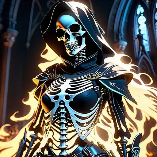 Prompt: Highly detailed 4k UHD anime illustration of a female ghost rider Nun, skeleton form perfect autonomy body shape, muscular slim body tone, defined abs, anime, horror, skeletal features, intense eyes, dark atmosphere, hauntingly beautiful, atmospheric lighting, eerie glow, highres, detailed skeletal structure, spectral aura, professional