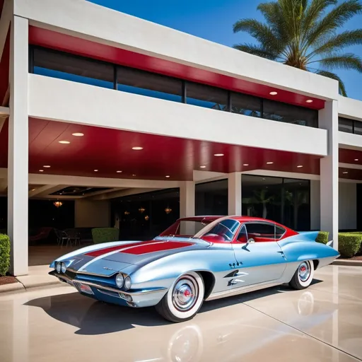 Prompt: retro-futuristic Chevrolet Firehawk turbine powered car, 1960s, silver red & blue metallic, two-door, bubble canopy, tail fins, whitewall tires, parked under the porte cochere of a fancy high-end club, daylight, high-res, professional photo, retro-futuristic, metallic sheen, vintage design, luxury club, classic car, detailed reflections, sleek lines, upscale, daylight, vibrant colors, colorful landscaping, paver driveway