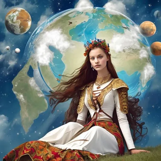 Prompt: A young beautiful women in traditional European clothes floating in the sky with crossed legs holding and protecting planet earth 