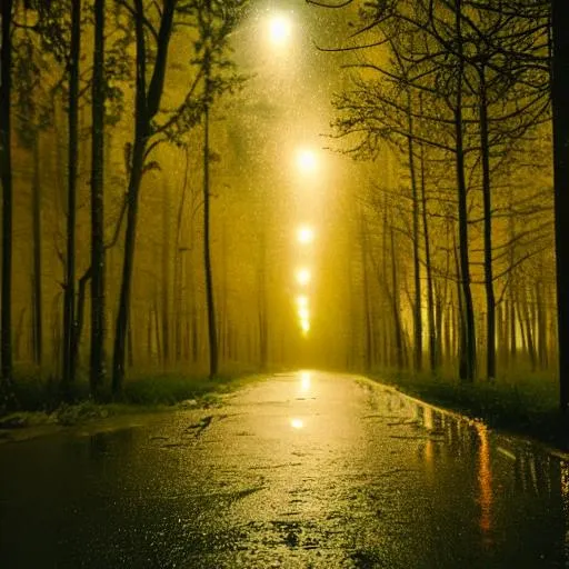 Prompt: a rainy forest in the night with two cars with the lights off traveling trought a road 
