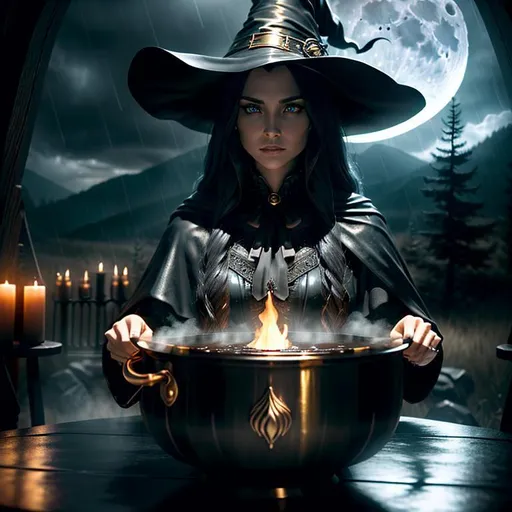 Prompt: 3D, HD, Dramatic, Epic, Spectacular, Cinematic lighting, Evil Treacherous Rain {Female}Witch stirring cauldron at wooden table, expansive spooky full-moon background, ultra detailed full body artistic photography, detailed Gorgeous face, shadows, ultra sharp focus, ominous, matte painting movie poster, golden ratio, intricate, cinematic character render, hyper realistic, 64K --s98500