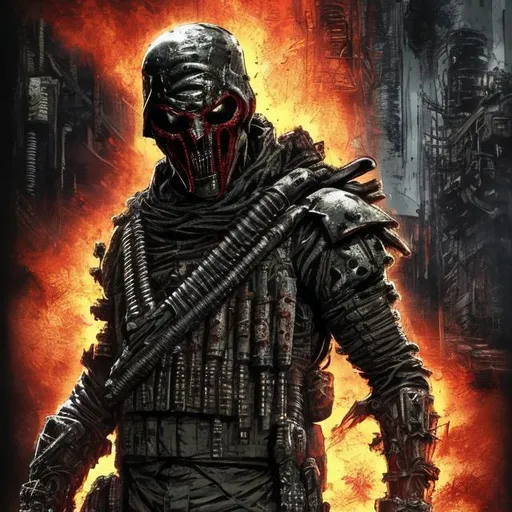 Prompt: Redesigned Gritty black dark futuristic military commando-trained villain Todd McFarlane's Spawn. Bloody. Hurt. Damaged mask. Accurate. realistic. evil eyes. Slow exposure. Detailed. Dirty. Dark and gritty. Post-apocalyptic Neo Tokyo with fire and smoke .Futuristic. Shadows. Sinister. Armed. Fanatic. Intense. 