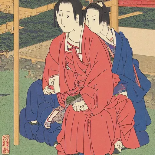 Prompt: A girl and her father in the HASUI KAWASE style with vibrant colors