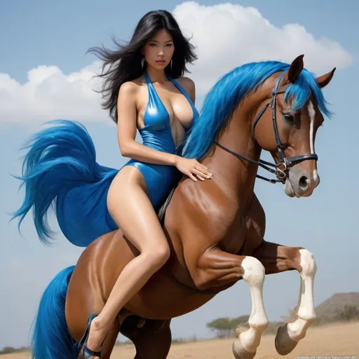 Prompt: chinesa linda; SEM ROUPA; PEITOS GRANDES; NUA; REALIDADE; MÁXIMA; SENSUAL; BORIS VALLEJO STYLE; POSE PROVOCATIVA; montada em um cavalo azul