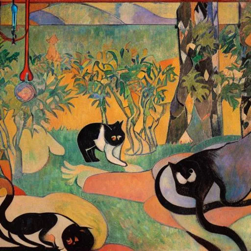 Prompt: gaugin style mural depicting cats in space, 4k