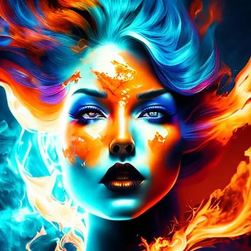 Prompt: a half body portrait of a woman as made of fire, dark orange hair depicting like fiery flames, orange and blue flame, dark smoke in the backgrouns, fiery sparks all over, D&D, Diablo, natural body posture, lava, Art by Alberto Seveso, symmetrical, abstract artstyle, intricate complex watercolor painting, sharp eyes, digital painting, color explosion, concept art, voluminetric lighting, metallic reflections, by TanvirTamim, 2d render, 8k. by artgerm, trending on artstation