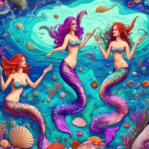 Prompt: Psychedelic mermaids playing in a lagoon with rainbow rocks and shiny shells and ocean water with sea life animals underneath 