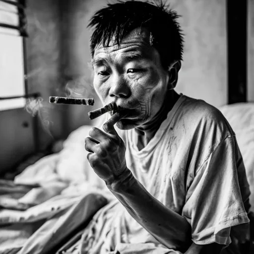 Prompt: A Chinese immigrant who is overworked in the 1800 with torn and worn out clothes  in Singapore with a white background on a bed while smoking opimum