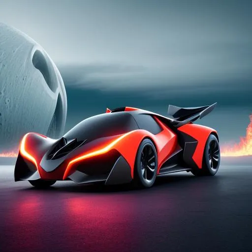 Prompt: Futuristic hyper Batman car on fire and ice cosmic speed red and dark lava