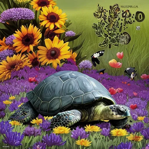 Prompt: a turtle sitting on top of a flower covered field, by Pedro Pedraja, then leave it to god, by Cedric Seaut, cover, by Gao Cen, award - winning design, inspired by Eugène Boudin, dotado, easter, at midday, avec des dents pointues, mid-day, cover image