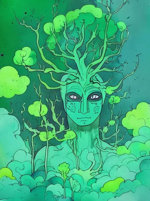 Prompt: Color in green face man and floating tree. Add more plant imagery. Pagan.