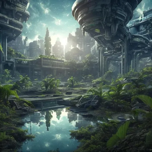 Prompt: Abandoned city with lush green plants reflecting lake with big spaceships search high resolution 8k
