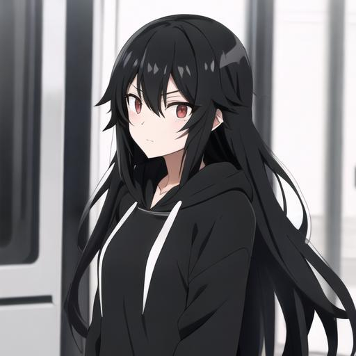 Black long hair anime high school cool girl with bla