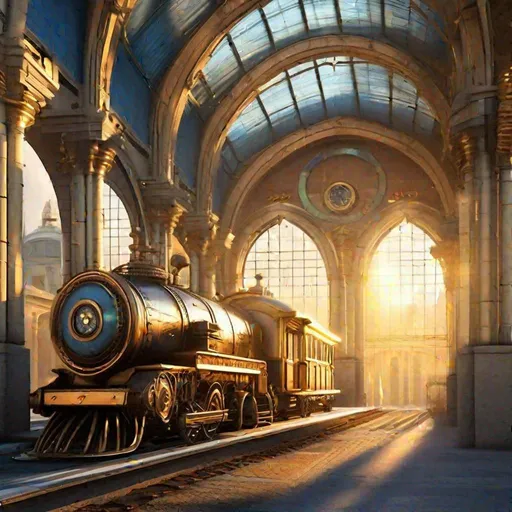 Prompt: **A Steampunk train station at sunrise. The architecture is grand and ornate, with towering arches and steam-powered trains. The lighting is soft and warm, casting longshadows on the stone platform. The colors are fresh and vibrant, with a focus on golds, whites, and blues. 