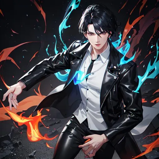 Prompt: full body shot shot of a young {man} right palm on fire, fire vfx surrounding his right forearm, blue fire vfx circling his right hand, smoke surrounding him, moderate length black hair, wearing black leather jacket and white collared shirt with black pants and black boots, handsome face, full lips, detailed face, good face, amber pupils, sharp pupils, opened eyes, head facing the viewer, looking at the viewer, high res, HDR, 8k, fantasy, medieval, steampunk, digital art, high quality, dark fantasy, stable image, high definition, best proportions, league of legends, sharp details, detailed picture, riot games, illustrated, anime, anime art, drawing, sketch, full body shot, masterpiece, perfect composition, popular art, stylized, artstation, by Alex Flores
