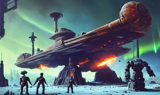 Prompt: ancient huge old rusty spaceship getting repaired  by robots dead city  sparks fire welding people working aurora many colours  enhance detail turret on spaceship real soldier thin landing gears symmetrical ship laser warzone dead body's on ground gun fight pew pew