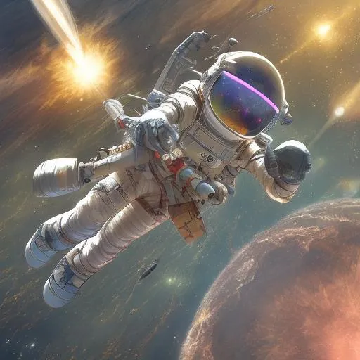Prompt: A journey across the universe flying in space as a planet explodes, spaceship, astronaut 